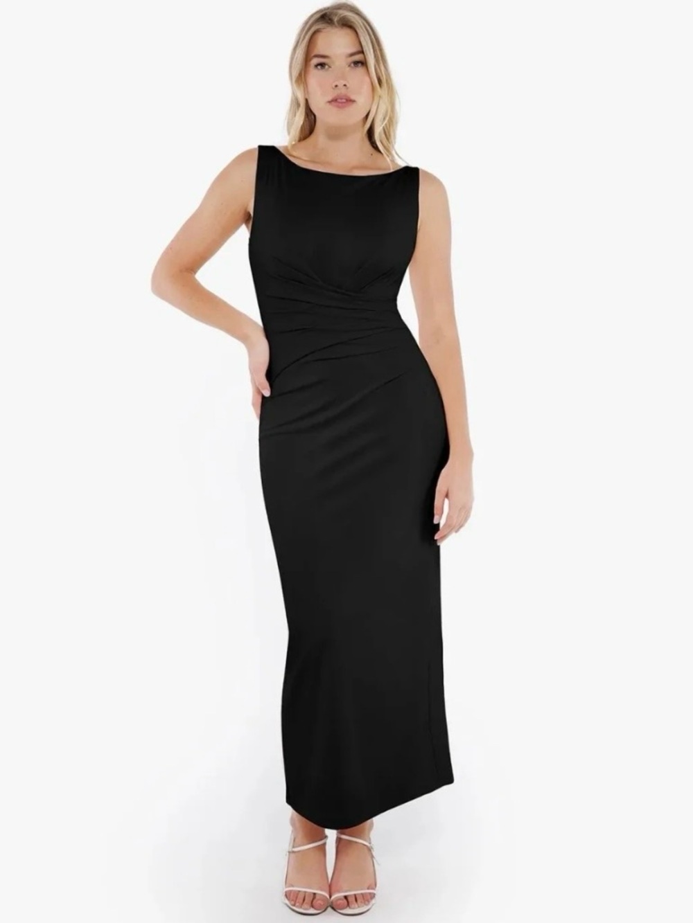 NWT Popilush M Shapewear Boatneck Draped Sculpting Maxi Dress Black